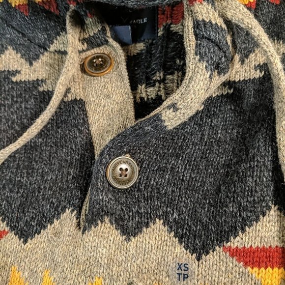 American Eagle Heavy knit Hooded Sweater Hoodie XS Men's Women's Grey Aztec - Picture 6 of 14